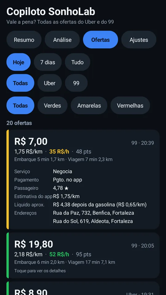 Lista de ofertas do Copiloto com semáforo