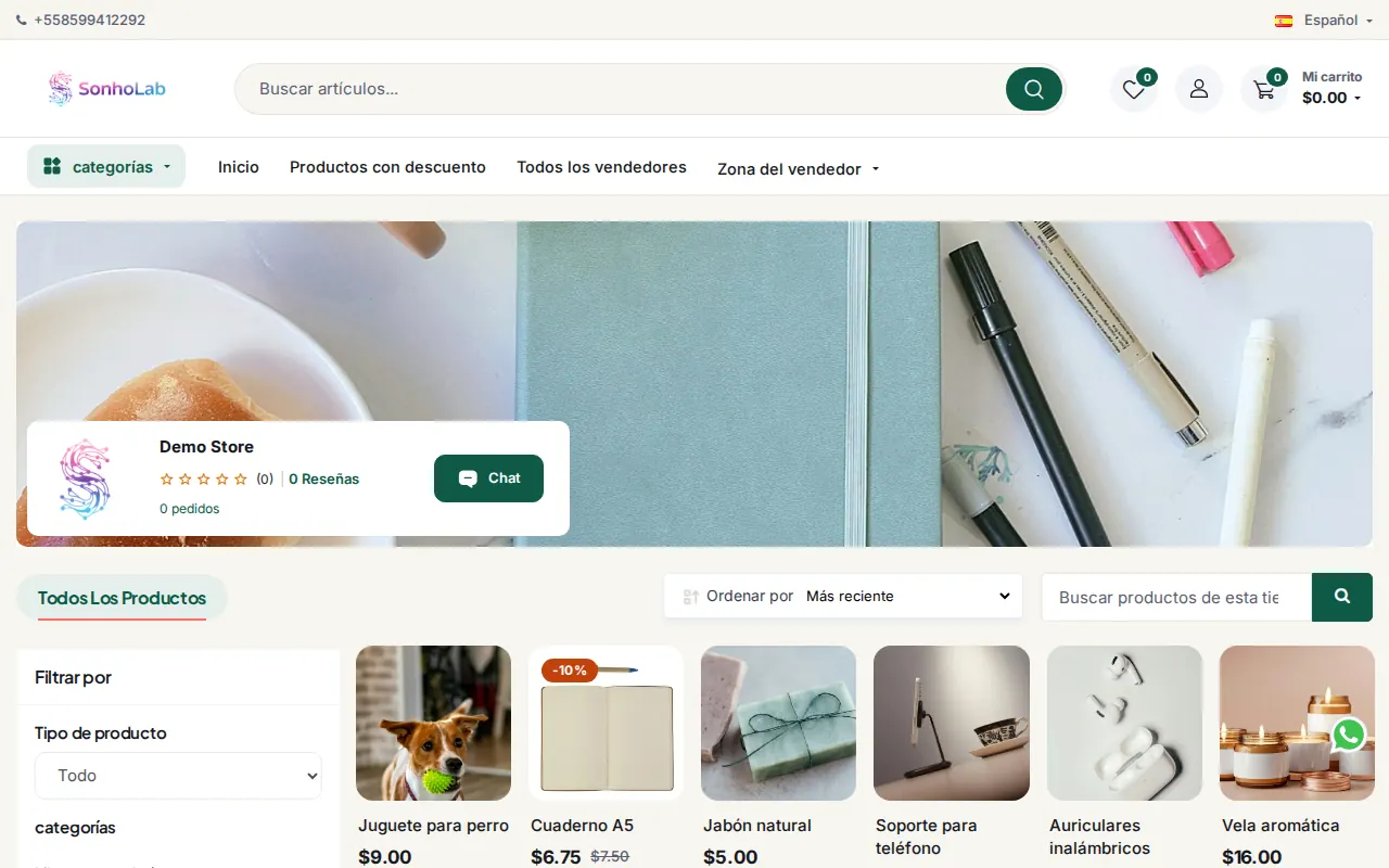 Tienda de demostración en Tiendas en línea: portada con buscador, carrito, filtros y productos con su precio y su descuento